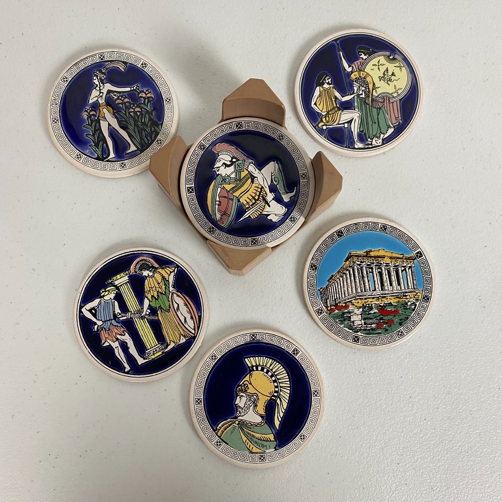 Set of 6 Greece 24 K Coasters Vintage W Holder Labeled Made In Greece‎